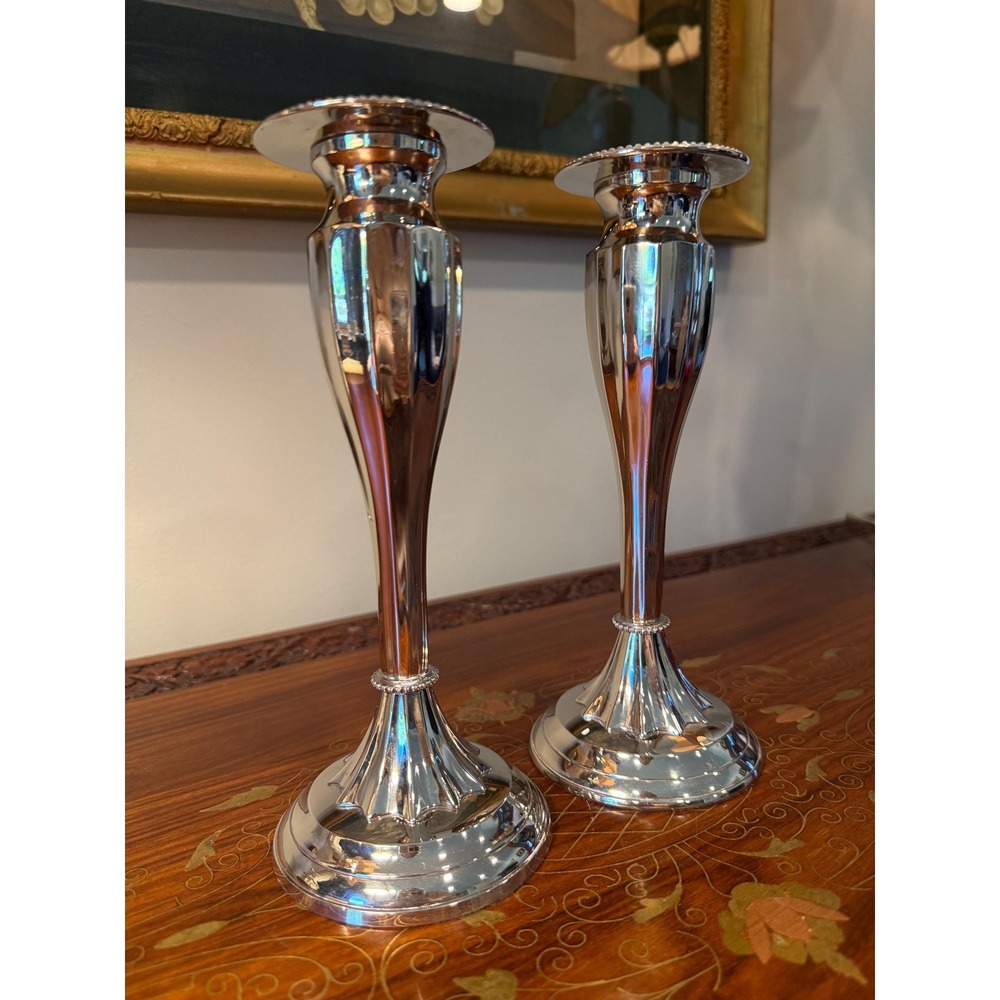 Bombay Silver Tone Candlestick Holders • Set of 2 Fluted Taper Candle Holders - Picture 8 of 16